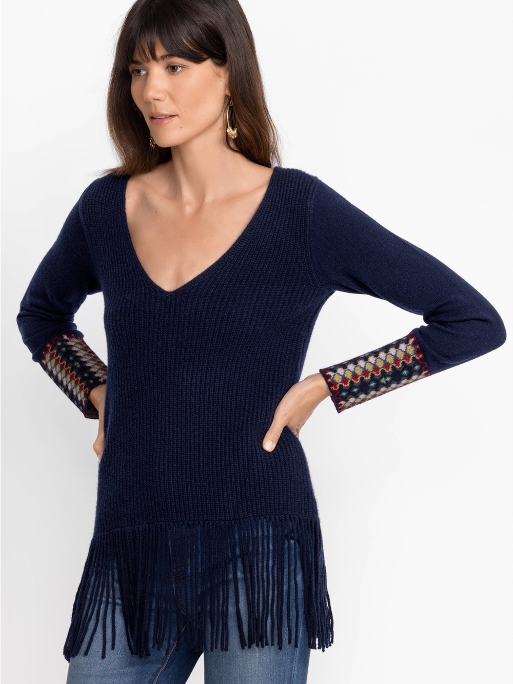 Johnny Was ISADORA FRINGE TOP Wool Cashmere Blend Navy XL